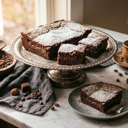 Sliced Neiman Marcus cake on a vintage cake stand cups of coffee nearby warm natural lighting 1