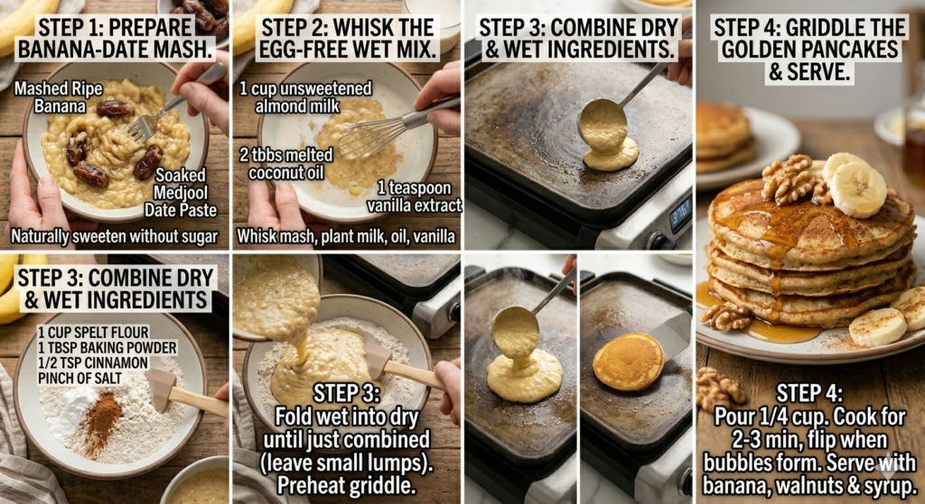 Stack of golden banana pancakes made with mashed banana — how to make banana pancakes naturally sweet and egg-free