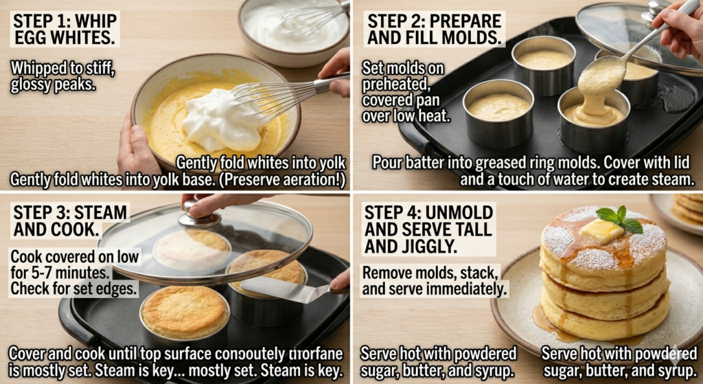 Tall jiggly Japanese soufflé pancakes in a ring mold — how to make Japanese pancakes with whipped egg whites