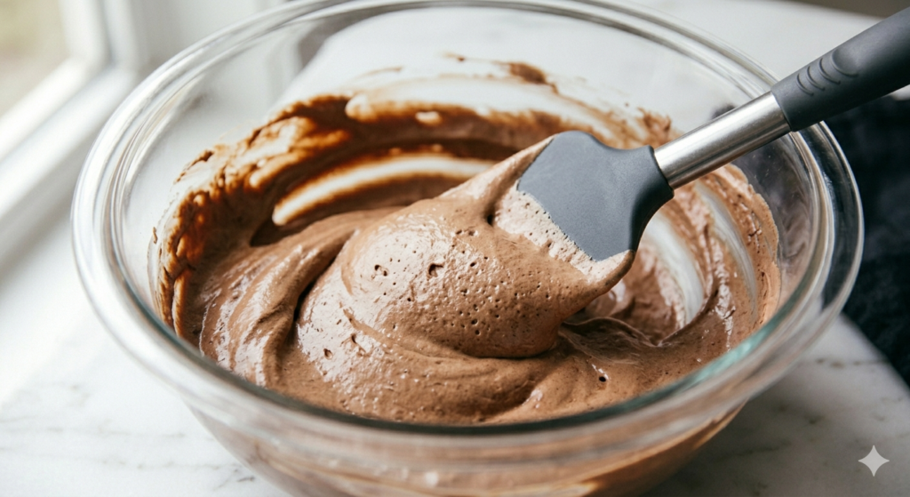 Making chocolate mousse filling for tuxedo mousse cake