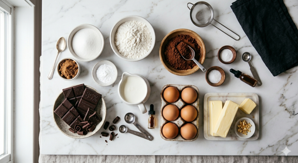 Ingredients for homemade tuxedo cake recipe from scratch