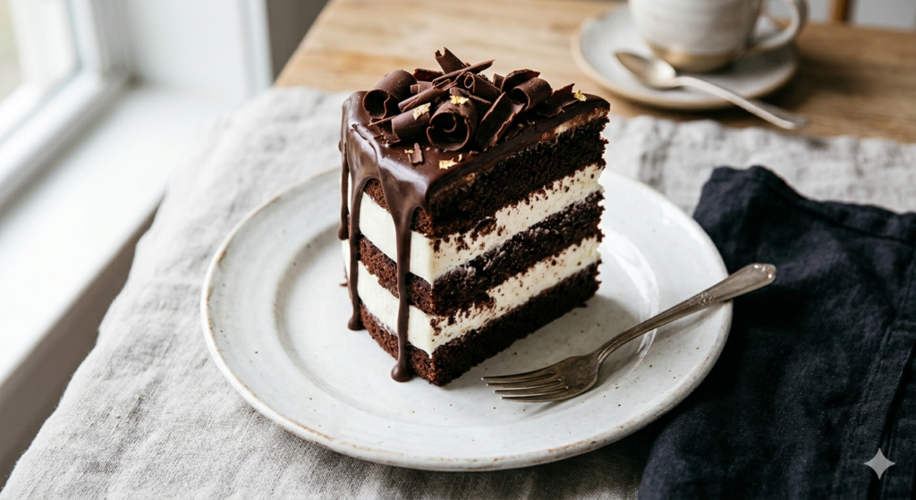 Tuxedo cake recipe slice showing chocolate mousse layers and dark ganache