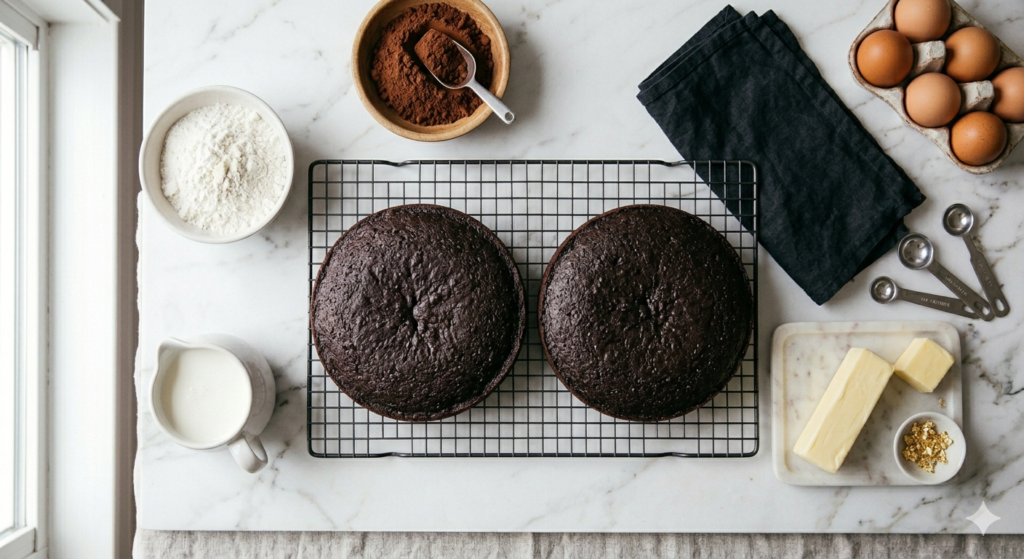 Baked chocolate cake layers for tuxedo cake recipe