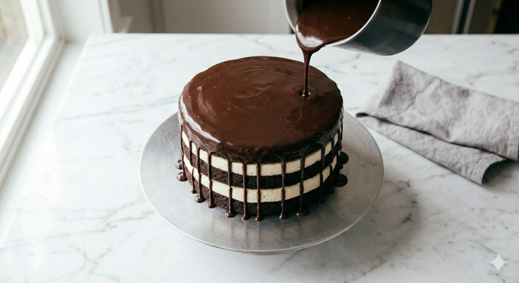 Pouring dark chocolate ganache over homemade tuxedo cake