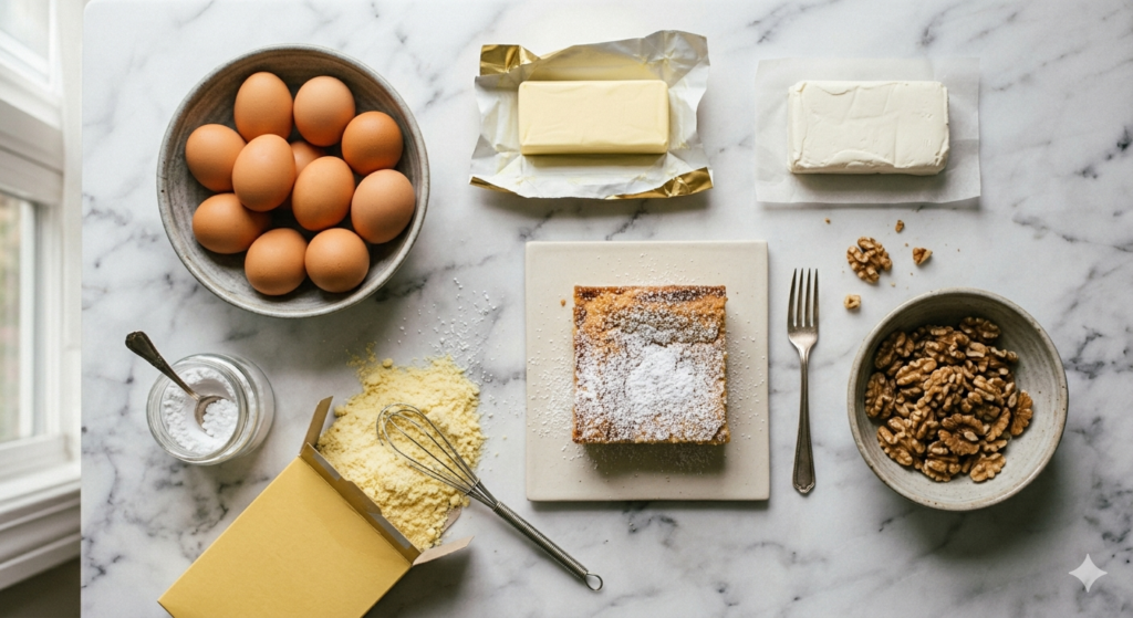 Flatlay: butter, cream cheese, eggs, powdered sugar, yellow cake mix arranged on marble surface