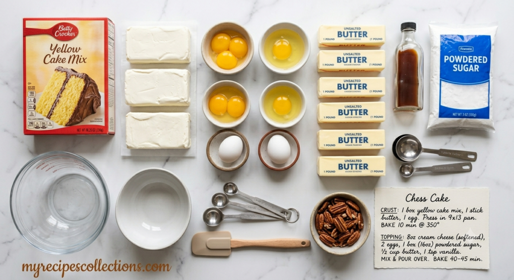 chess cake ingredients flat lay with cream cheese and yellow cake mix