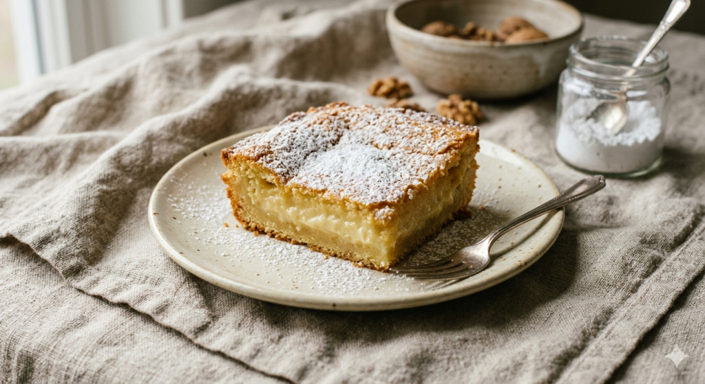 golden gooey butter cake dusted with powdered sugar, rustic linen background