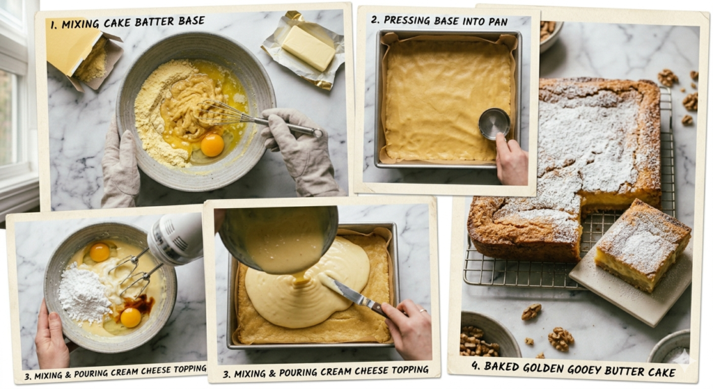 Collage: mixing batter, pressing into pan, pouring cream cheese layer, baked golden cake