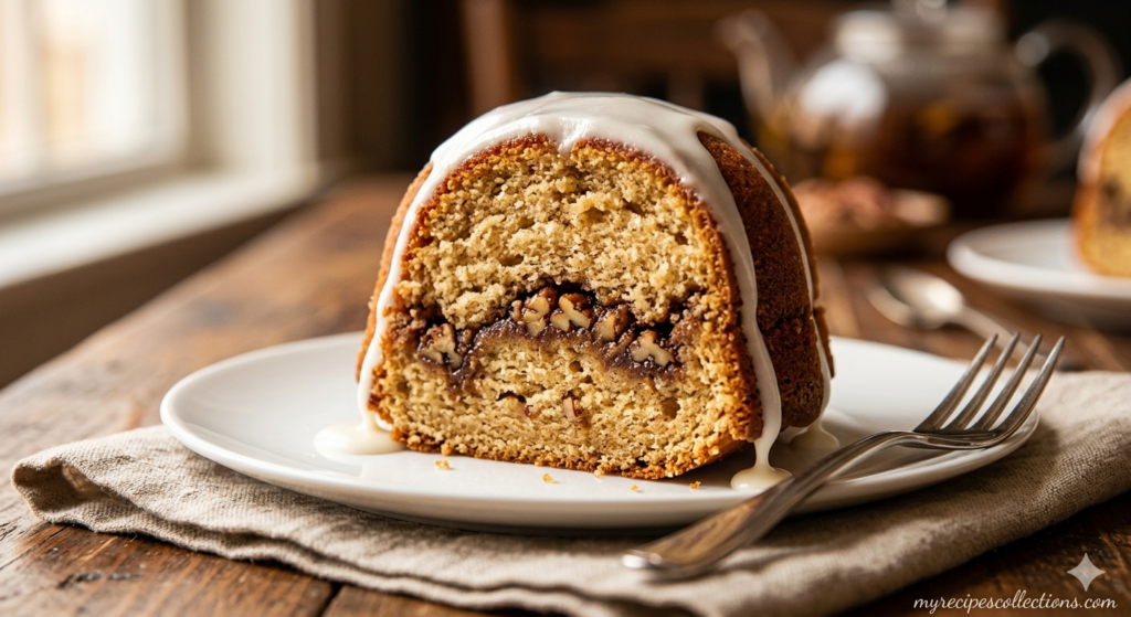A slice of sock it to me cake on a white ceramic plate showing the beautiful cinnamon pecan swirl ribbon running through the center of the moist golden cake with vanilla glaze — myrecipescollections.com