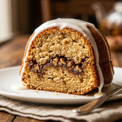 A slice of sock it to me cake on a white ceramic plate showing the beautiful cinnamon pecan swirl ribbon running through the center of the moist golden cake with vanilla glaze — myrecipescollections.com