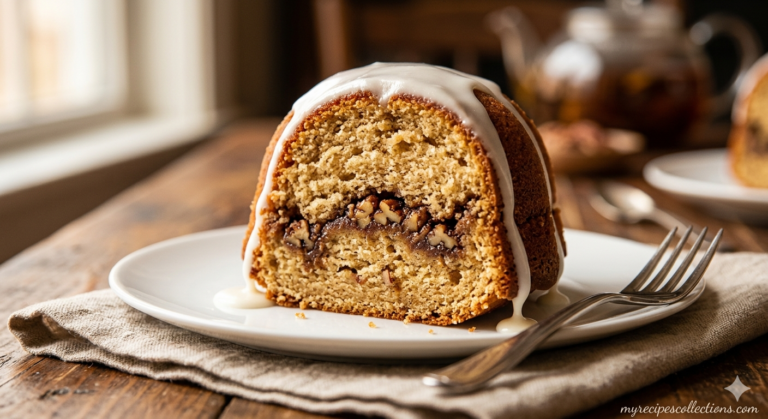 A slice of sock it to me cake on a white ceramic plate showing the beautiful cinnamon pecan swirl ribbon running through the center of the moist golden cake with vanilla glaze — myrecipescollections.com