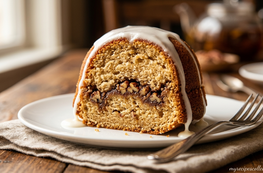 A slice of sock it to me cake on a white ceramic plate showing the beautiful cinnamon pecan swirl ribbon running through the center of the moist golden cake with vanilla glaze — myrecipescollections.com